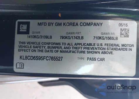 2015 Chevrolet Spark 1Lt Cvt из США, поврежденный, VIN KL8CD6S95FC765527